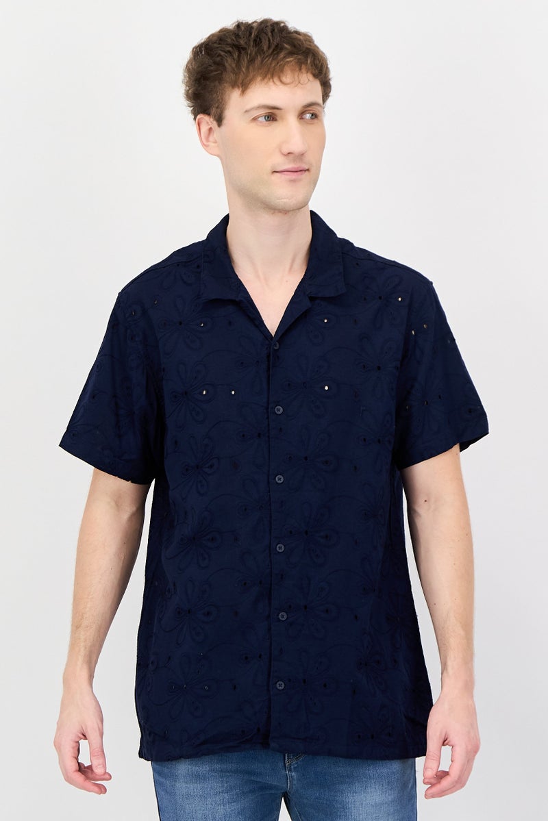 Threadbare Men Regular Fit Embroidered Short Sleeve Casual Shirt, Navy Blue - Image 1